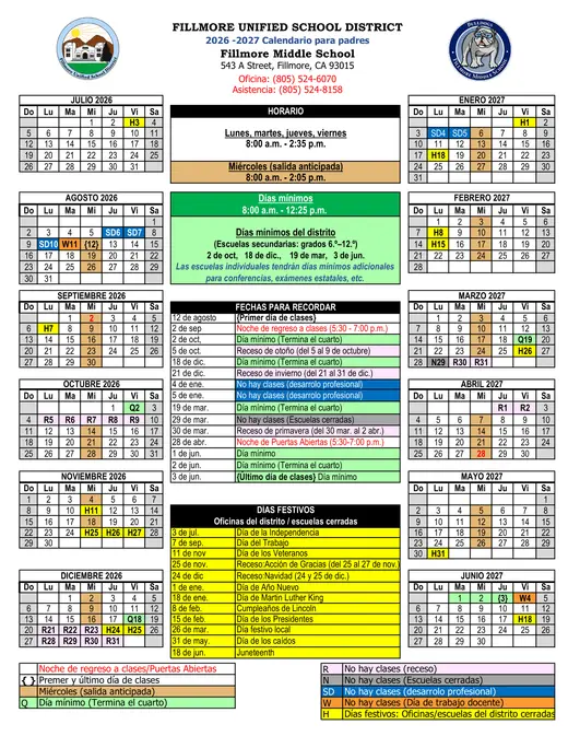 Fillmore Unified School District FUSD 2026–2027 Academic Calendar Page 4