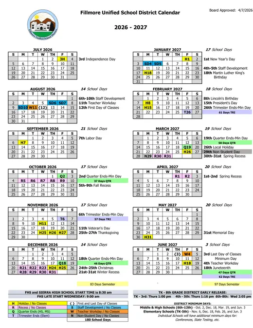 Fillmore Unified School District FUSD 2026–2027 Academic Calendar Page 8