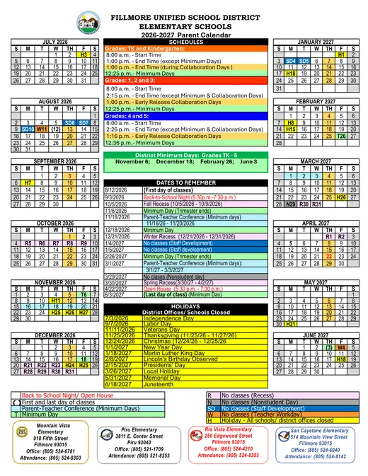 Fillmore Unified School District FUSD 2026–2027 Academic Calendar Page 10