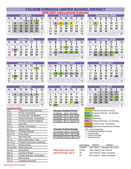Folsom Cordova Unified School District 2026–2027 Academic Calendar