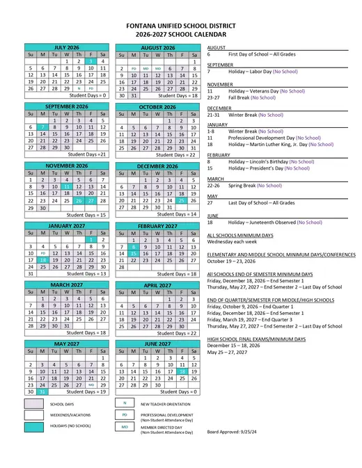 Fontana Unified School District 2026–2027 Academic Calendar