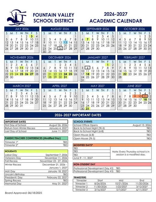 Fountain Valley School District 2026–2027 Academic Calendar