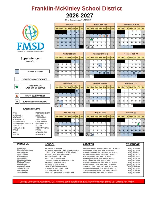 Franklin-McKinley School District 2026–2027 Academic Calendar