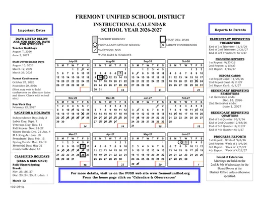 Fremont Unified School District 2026–2027 Academic Calendar Page 1