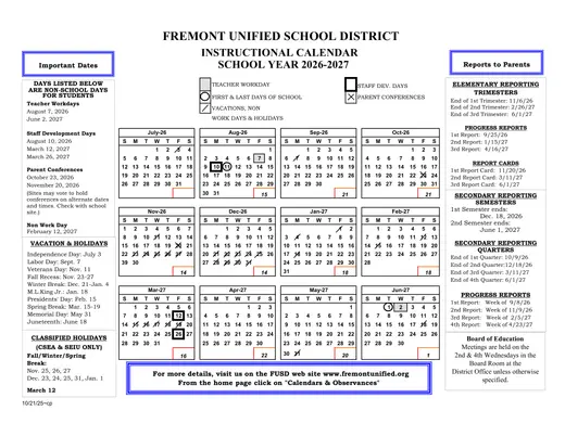Fremont Unified School District 2026–2027 Academic Calendar Page 2