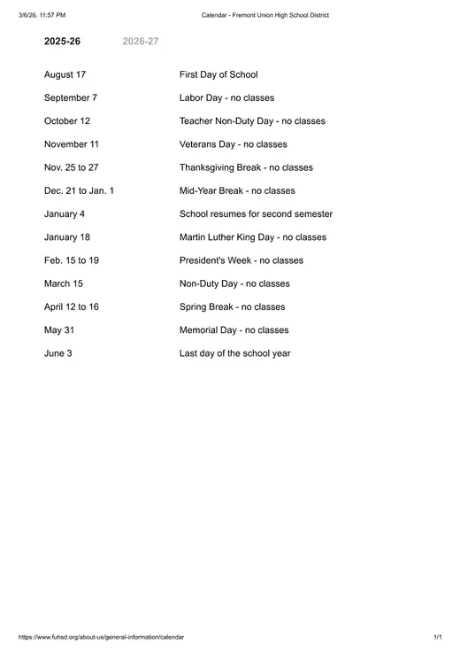 Fremont Union High School District 2025–2026 Academic Calendar
