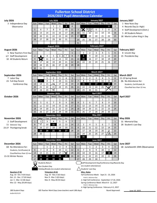 Fullerton School District 2026–2027 Academic Calendar