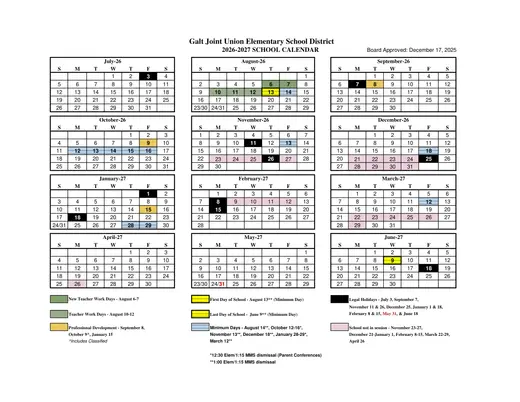 Galt Joint Union Elementary School District 2026–2027 Academic Calendar Page 1