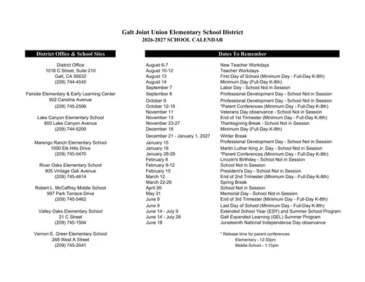 Galt Joint Union Elementary School District 2026–2027 Academic Calendar Page 2