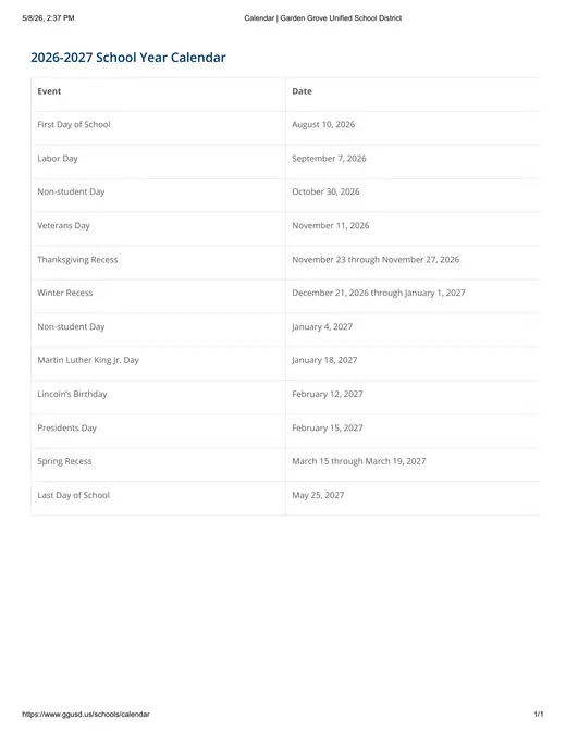 Garden Grove Unified School District 2026–2027 Academic Calendar
