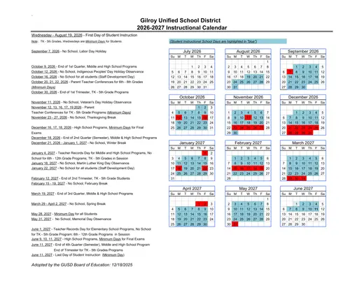 Gilroy Unified School District 2026–2027 Academic Calendar