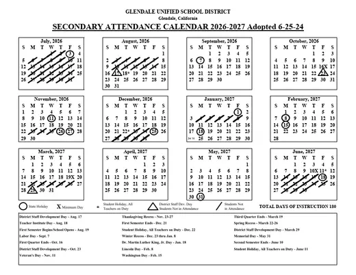 Glendale Unified School District 2026–2027 Academic Calendar Page 2