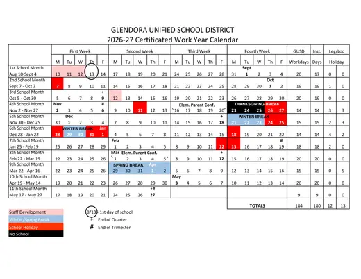 Glendora Unified School District 2026–2027 Academic Calendar