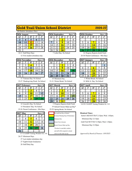 Gold Trail Union School District 2026–2027 Academic Calendar