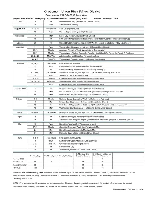 Grossmont Union High School District 2026–2027 Academic Calendar