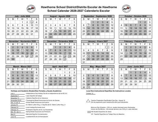 Hawthorne School District 2026–2027 Academic Calendar