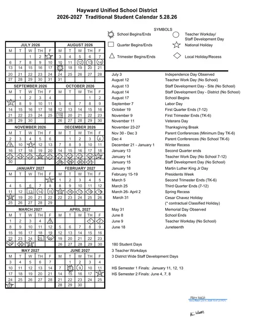 Hayward Unified School District 2026–2027 Academic Calendar