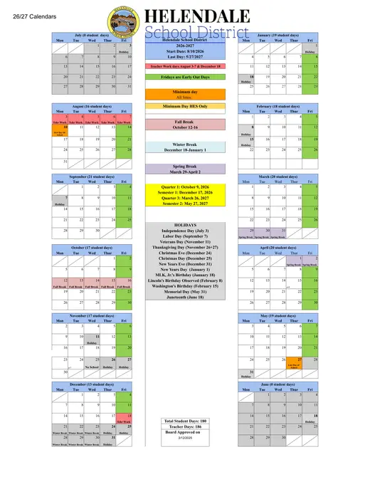 Helendale School District 2026–2027 Academic Calendar