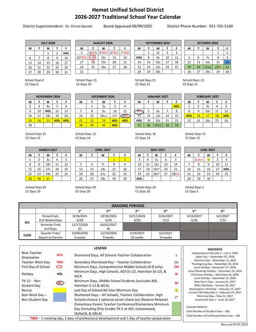 Hemet Unified School District 2026–2027 Academic Calendar