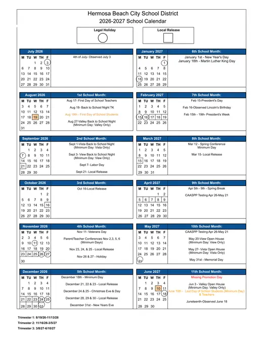 Hermosa Beach City School District 2026–2027 Academic Calendar