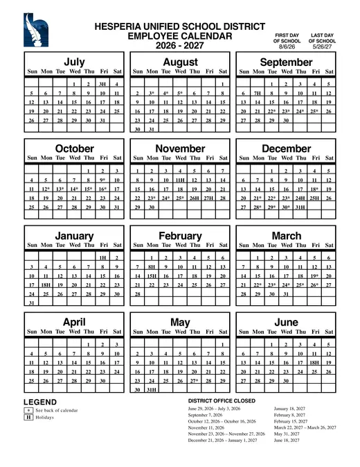 Hesperia Unified School District 2026–2027 Academic Calendar Page 1