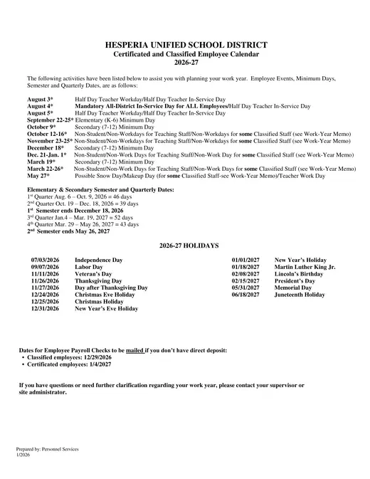 Hesperia Unified School District 2026–2027 Academic Calendar Page 2