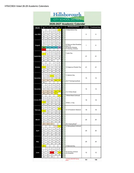 Hillsborough City School District HCSD 2027–2028 Academic Calendar Page 1