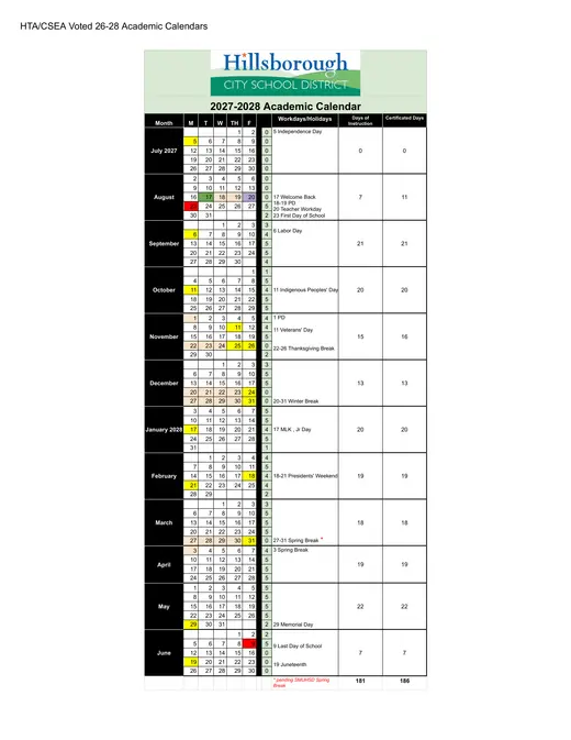 Hillsborough City School District HCSD 2027–2028 Academic Calendar Page 2