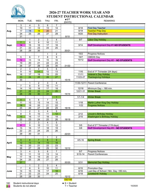 Hueneme Elementary School District 2026–2027 Academic Calendar