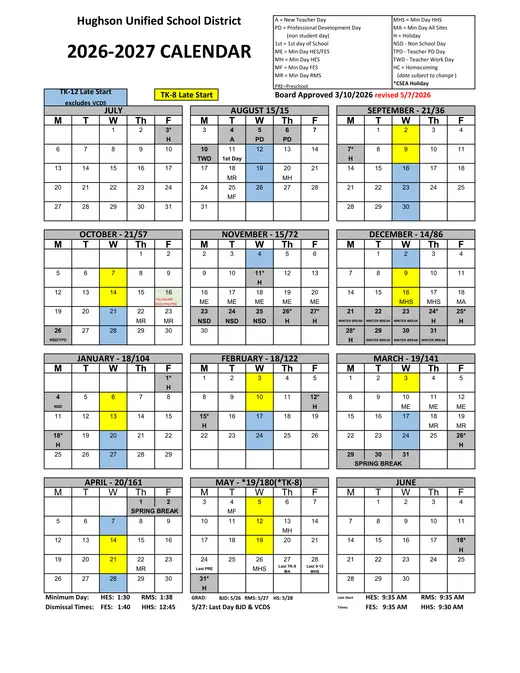 Hughson Unified School District 2026–2027 Academic Calendar