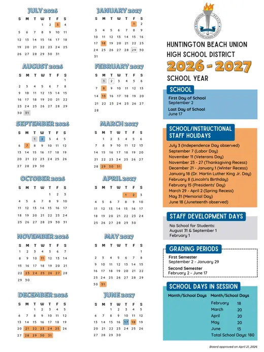 Huntington Beach Union High School District 2026–2027 Academic Calendar