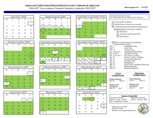 Inglewood Unified School District 2026–2027 Academic Calendar