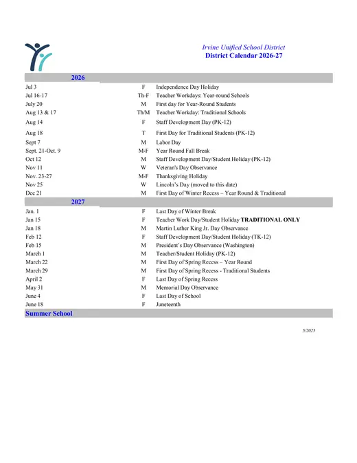 Irvine Unified School District 2026–2027 Academic Calendar