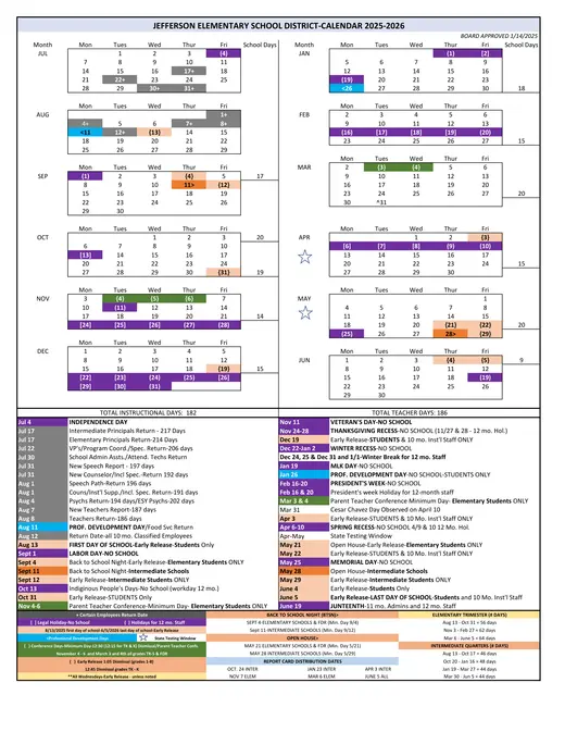 Jefferson Elementary School District 2025–2026 Academic Calendar