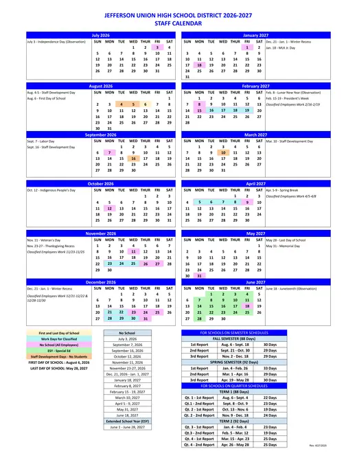 Jefferson Union High School District 2026–2027 Academic Calendar Page 1