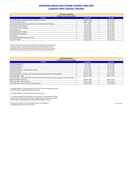 Jefferson Union High School District 2026–2027 Academic Calendar Page 2