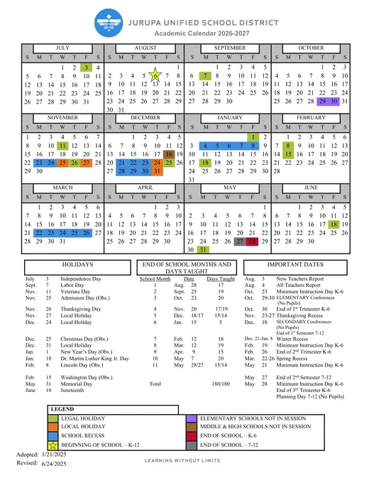 Jurupa Unified School District 2026–2027 Academic Calendar