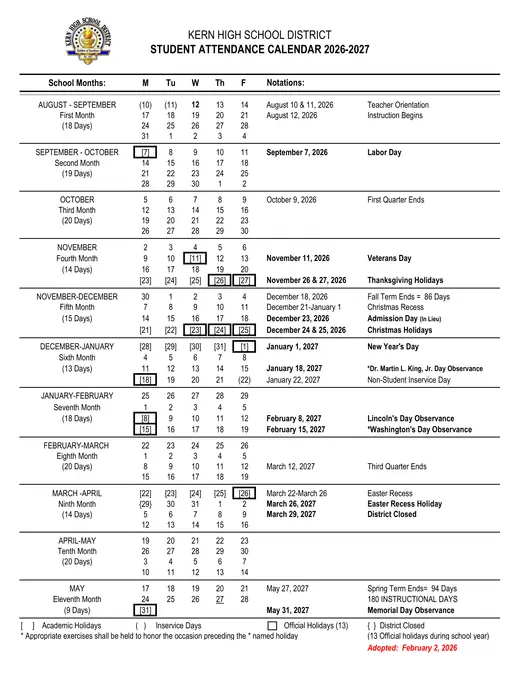 Kern High School District 2026–2027 Academic Calendar Page 1