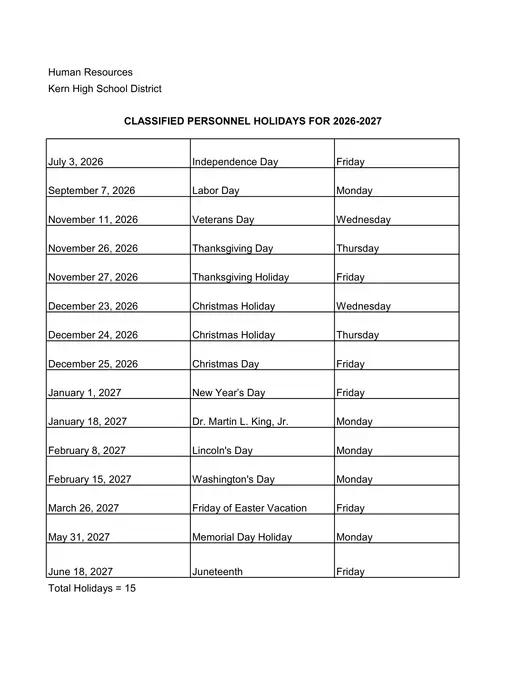 Kern High School District 2026–2027 Academic Calendar Page 2