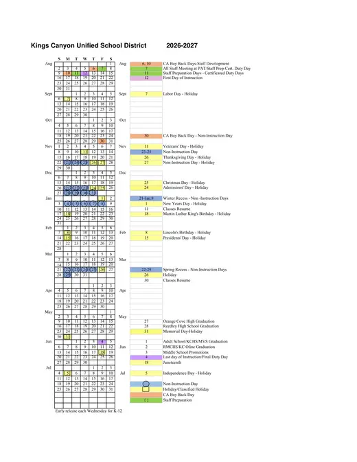 Kings Canyon Unified School District 2026–2027 Academic Calendar Page 1