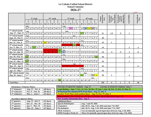 La Cañada Unified School District 2026–2027 Academic Calendar