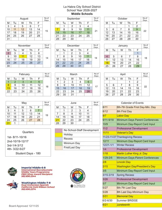 La Habra City School District (Middle Schools) 2026–2027 Academic Calendar