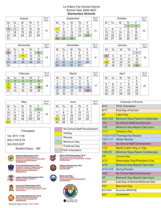 La Habra City School District 2026–2027 Academic Calendar