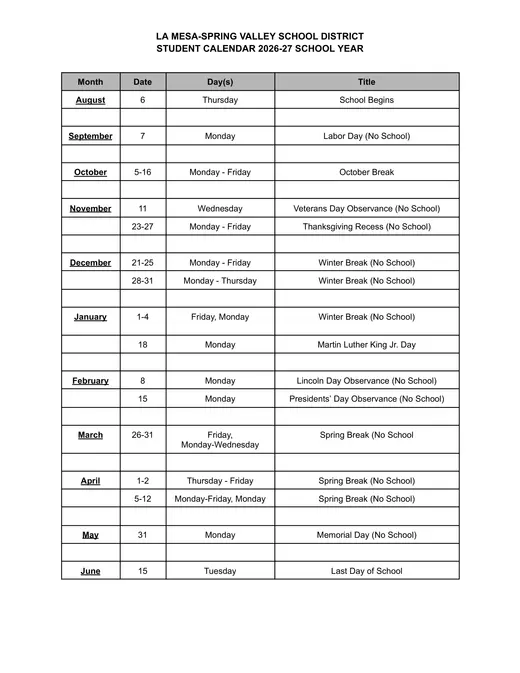La Mesa-Spring Valley School District 2026–2027 Academic Calendar