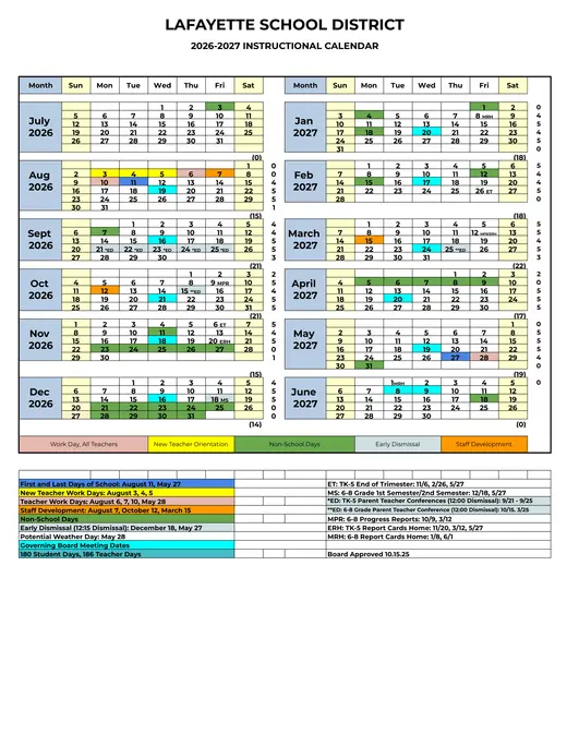 Lafayette School District 2026–2027 Academic Calendar