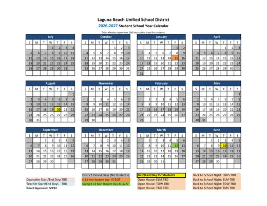 Laguna Beach Unified School District 2026–2027 Academic Calendar