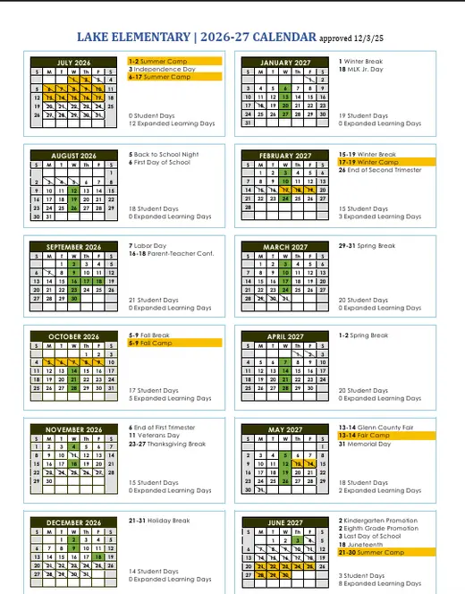 Lake Elementary School District 2026–2027 Academic Calendar Page 1