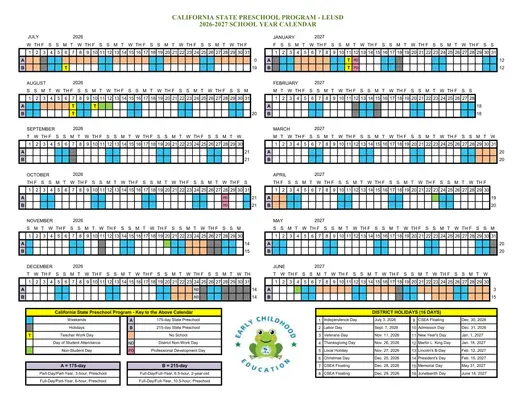 Lake Elsinore Unified School District Preschool Program 2026–2027 Academic Calendar