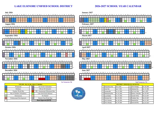 Lake Elsinore Unified School District 2026–2027 Academic Calendar