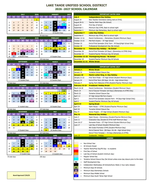 Lake Tahoe Unified School District 2026–2027 Academic Calendar